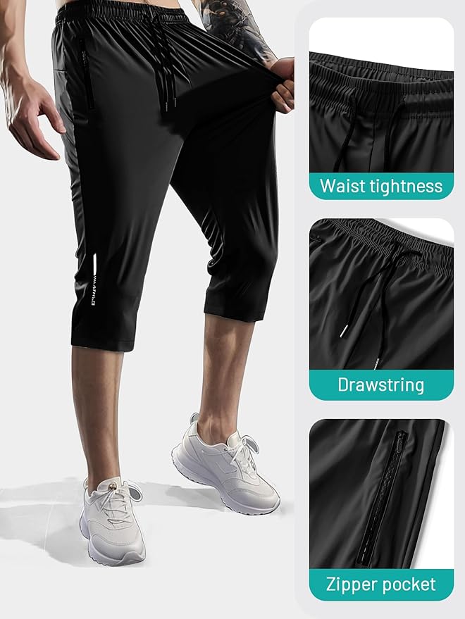 Men's Capri Pants 3/4 Joggers Gym/Workout/Hiking Below Knee Long Shorts Lightweight Quick Dry with Zipper Pockets