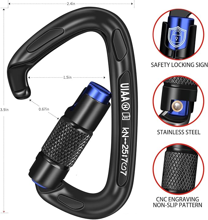 BEIFENG 25KN Auto Locking Carabiner - UIAA Certified Heavy Duty Climbing Carabiners for Rock Climbing, Camping, Rappelling, Hunting, Rescue Equipment - Professional Carabiner Clips (Black)