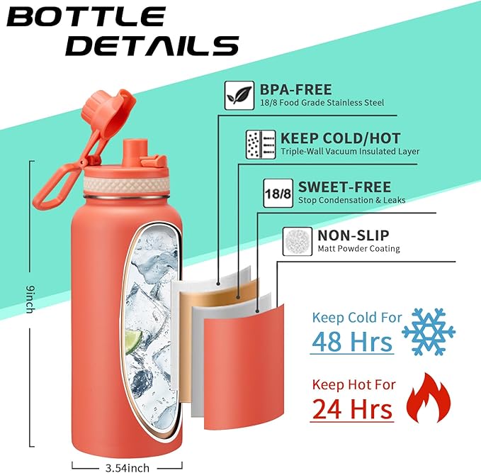 32 oz Sports Water Bottle Insulated - w/Paracord Handle, Straw & Spout Lids, Protective Boot, Sweat Proof Hydro Metal Water Flask Keeps Cold-48H Hot-24H, Travel Thermo Mug for Sports Hiking