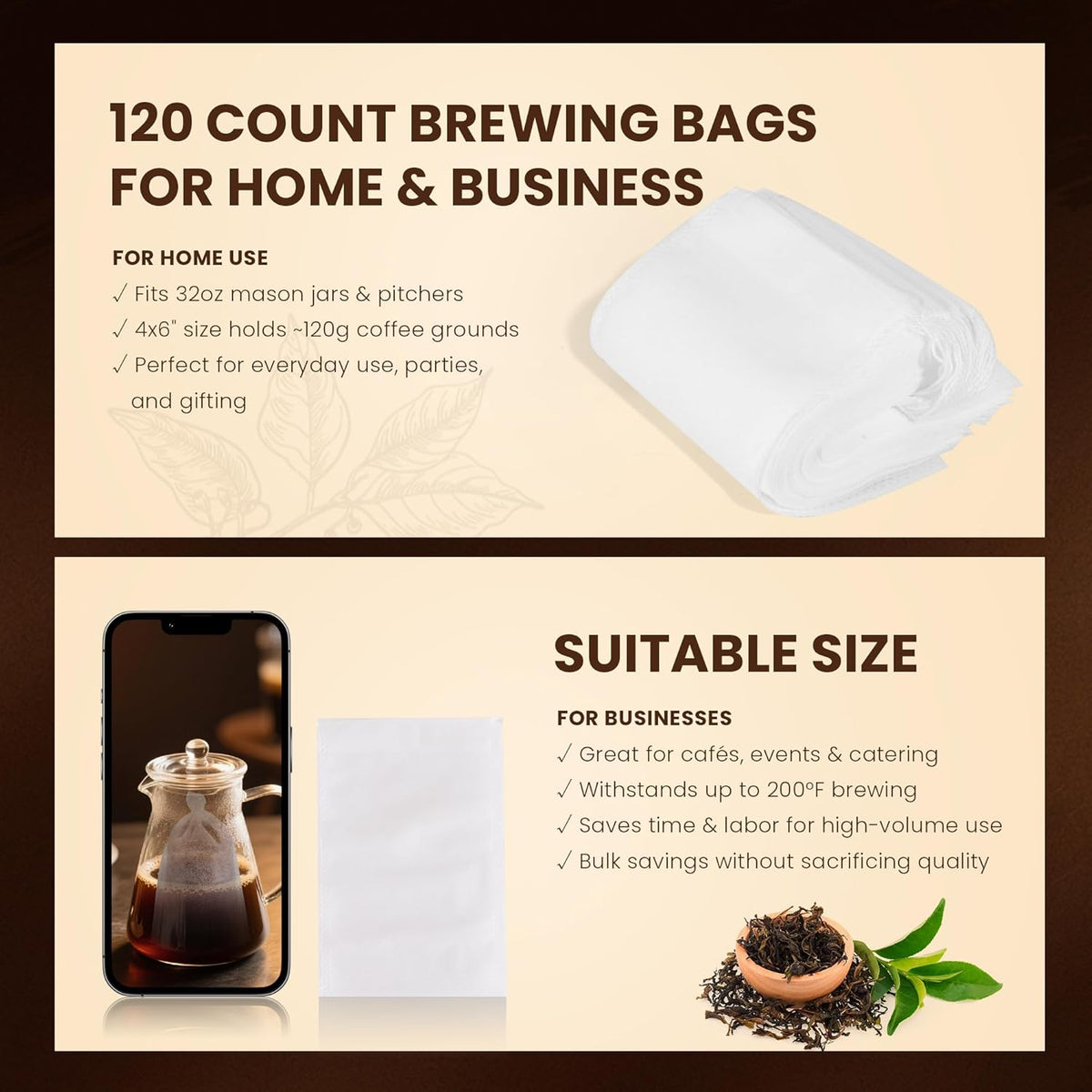 120 Count Cold Brew Coffee Filter Bags – 4x6 Inch Disposable Fine Mesh Drawstring Tea & Coffee Pouches – Fits 64oz Mason Jar, Tear-Resistant, Made from Natural Materials