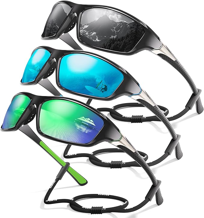 3 Pack Polarized Sports Sunglasses for Men, Mens Sunglasses Wrap Around UV400 Protection for Cycling Fishing Driving