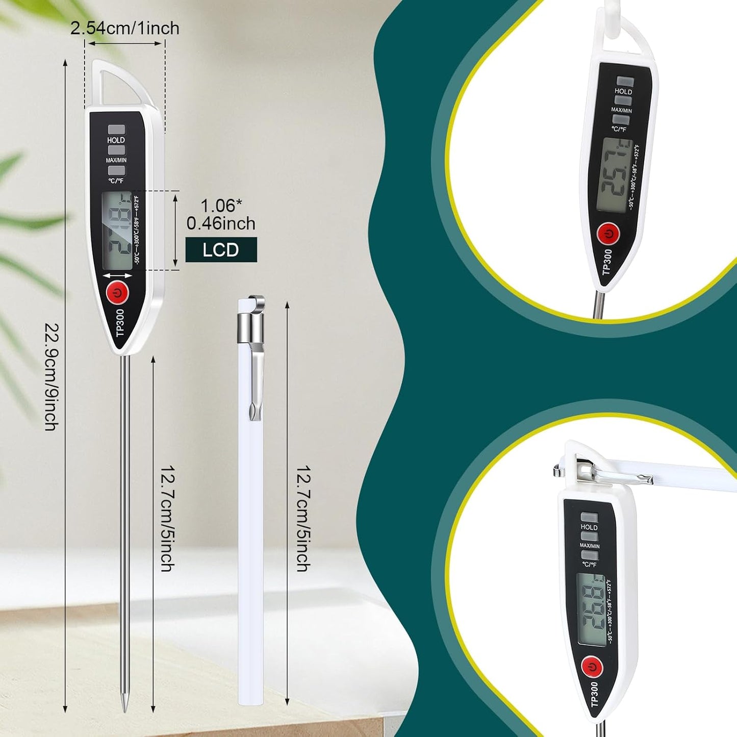 6 Set Waterproof Food Thermometer for Water, Liquid, Candle and Cooking Digital Meat Thermometer with Long Probe Instant Read for Kitchen BBQ Grill Candy (White)