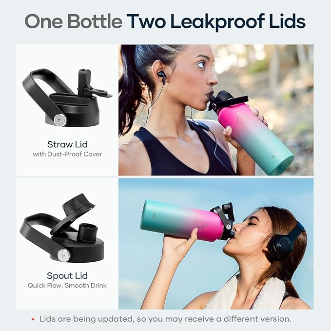 BUZIO Stainless Steel Water Bottle, 40oz Vacuum Insulated Double Wall Leak Proof Sports Water Bottle with Straw Lid and Flex Cap for Gym Travel Camping, Rose and Green