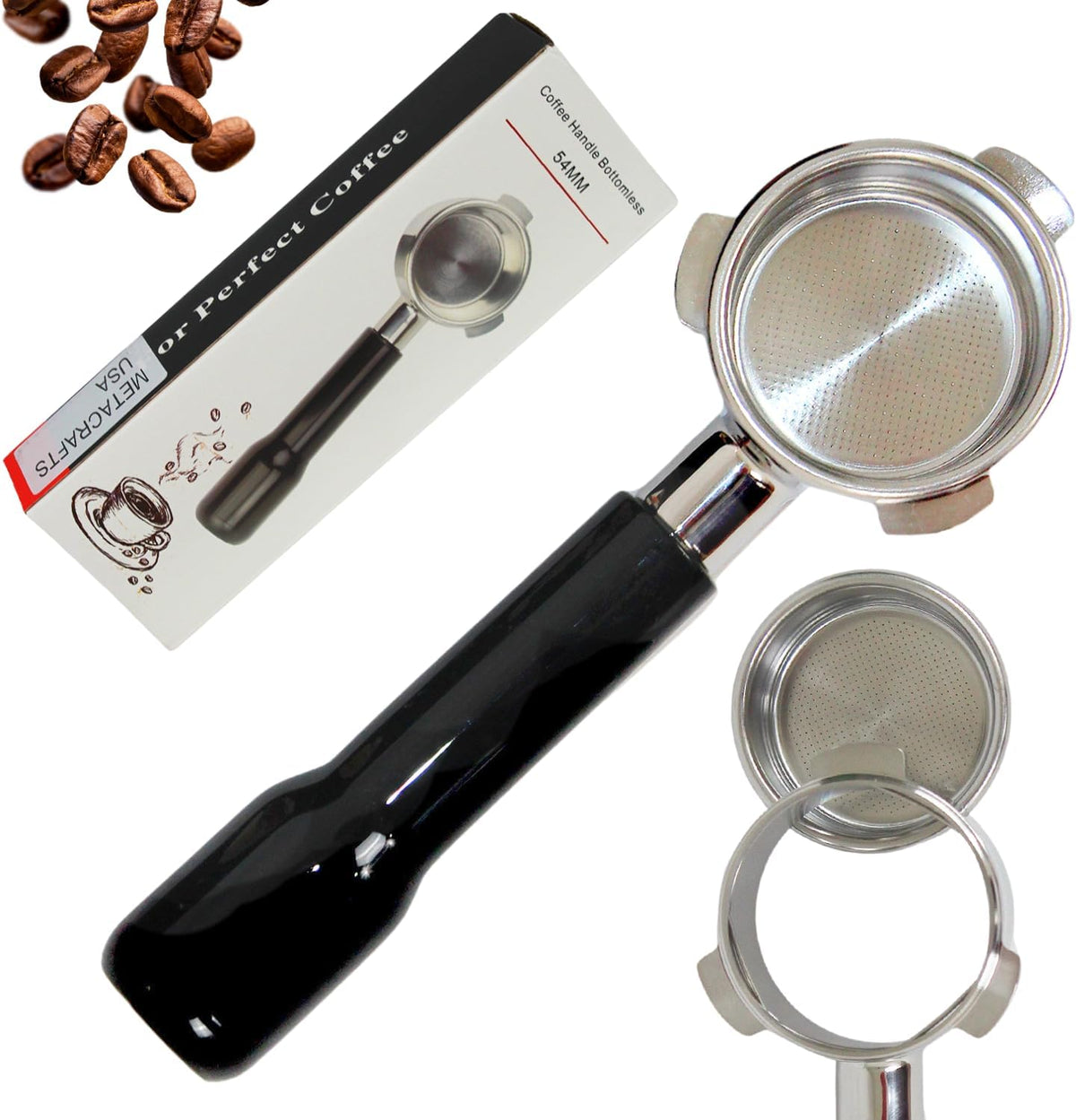 Espresso Portafilter 54mm Bottomless - Compatible with Breville Duo-temp, Infuser, Bambino, Barista Express, Barista Touch, and Barista Pro Espresso - Stainless Steel Filter Basked Included