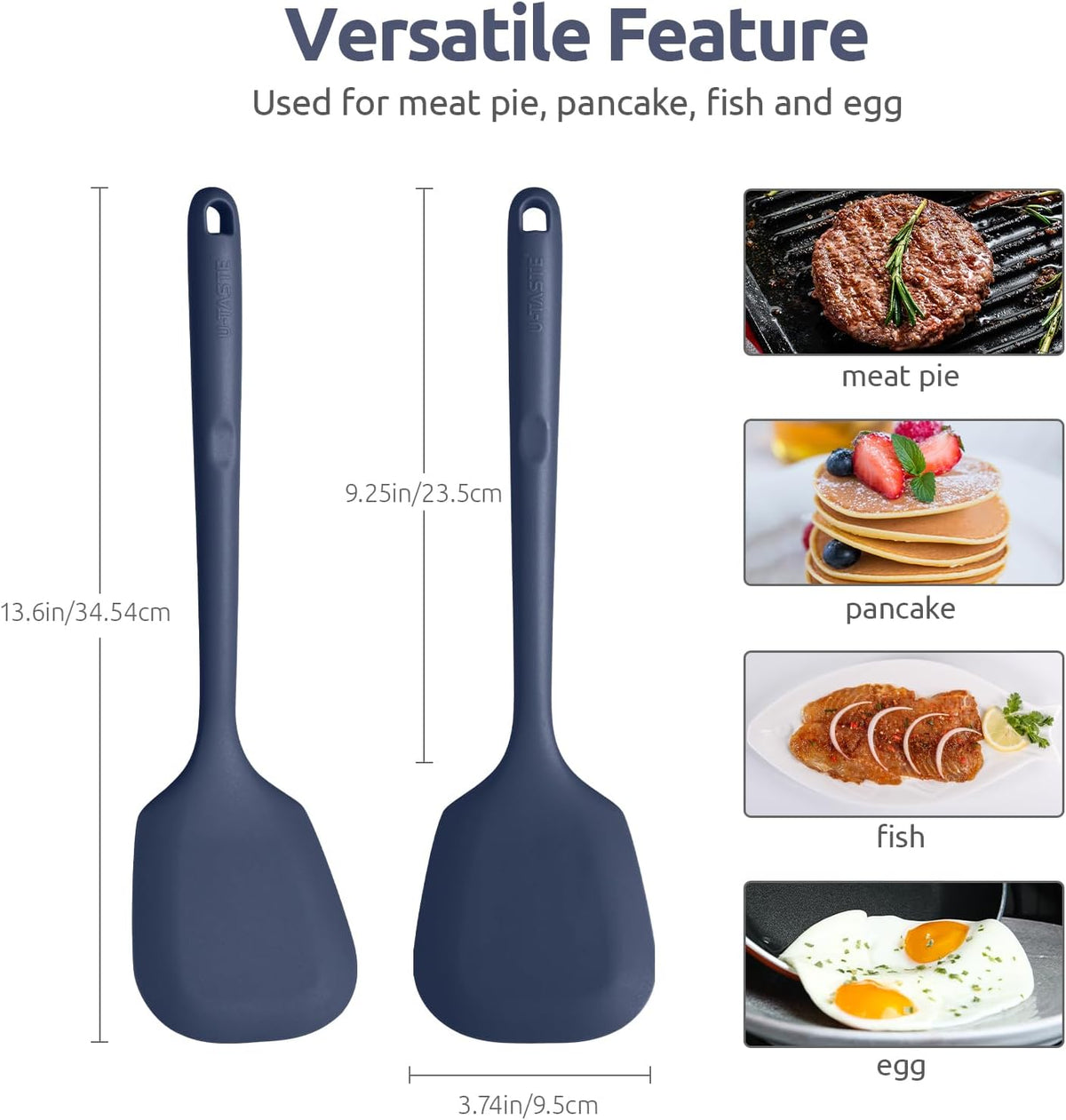 600℉ Heat Resistant Silicone Turner: U-Taste 13.6in Solid Kitchen Spatula Flipper, BPA Free Flexible & Thin Seamless Cooking Utensil for Flipping Egg, Pancake in Nonstick Cookware(Midnight Blue)