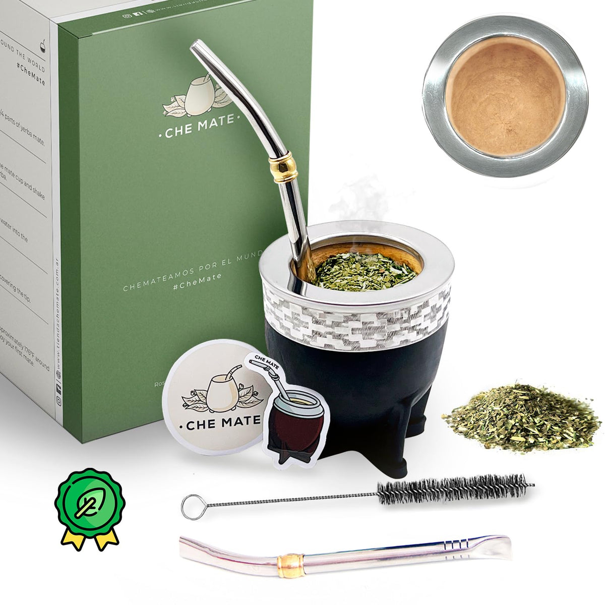 Premium Argentina-Uruguay Yerba Mate Cup and Bombilla Set, Organic Gourd Tea Mug with Steel Straw (Bombilla) and Cleaning Brush, Handcrafted for Loose Leaf Yerba Mate Tea - Imperial Version