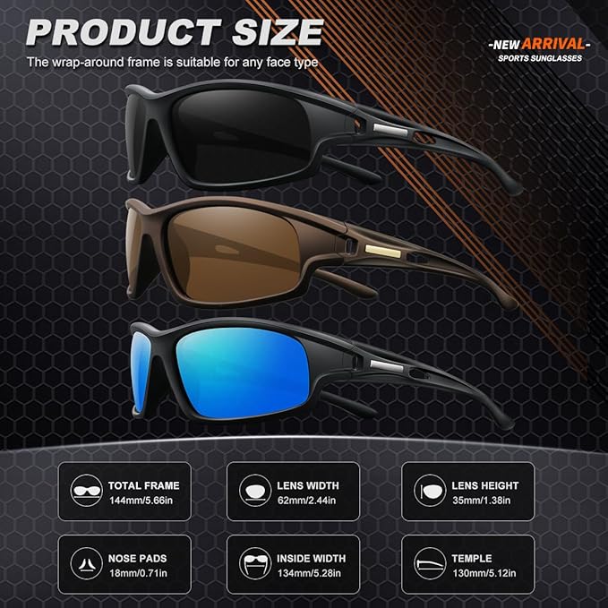 3PACK Polarized Sports Sunglasses for Men Driving Golf Fishing Running Sun Glasses UV400 Protection