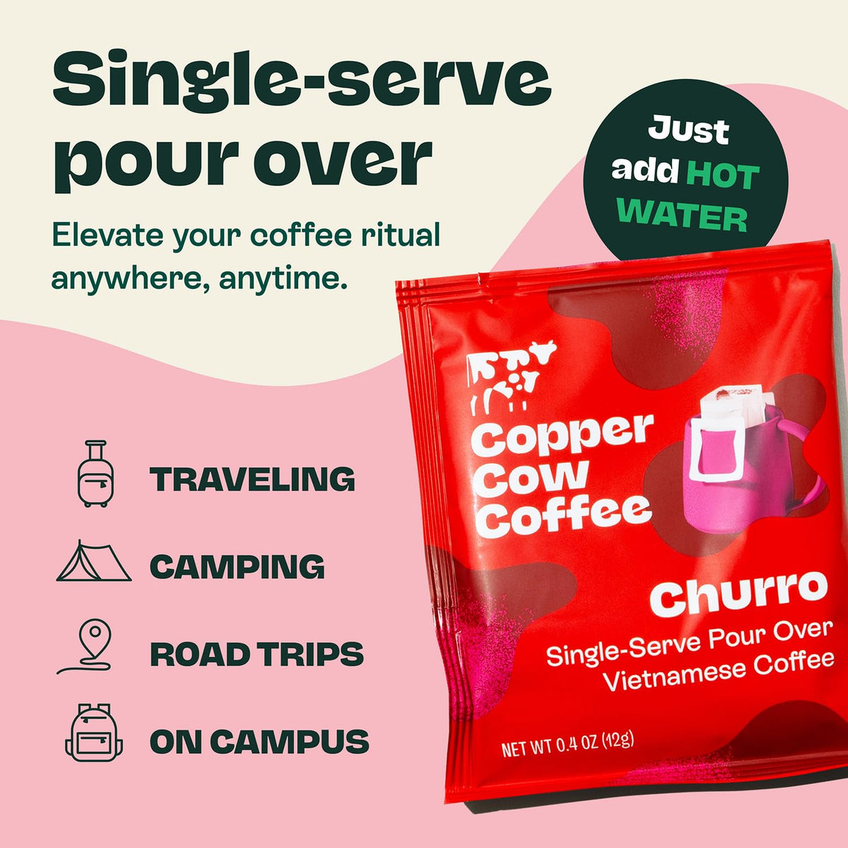 Copper Cow Premium Pour Over Single-Serve Vietnamese Coffee | Churro | Dark Roast | Flavored with Real Cinnamon | Includes 24 Coffees