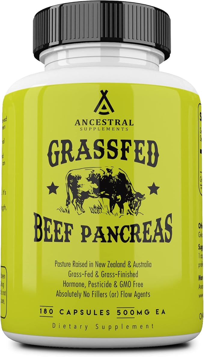 Ancestral Supplements Grass Fed Beef Pancreas Supplement, 500mg, Pancreatic Support with Proteolytic Digestive Enzymes for Digestion Support, Including Trypsin, Non GMO, 180 Capsules