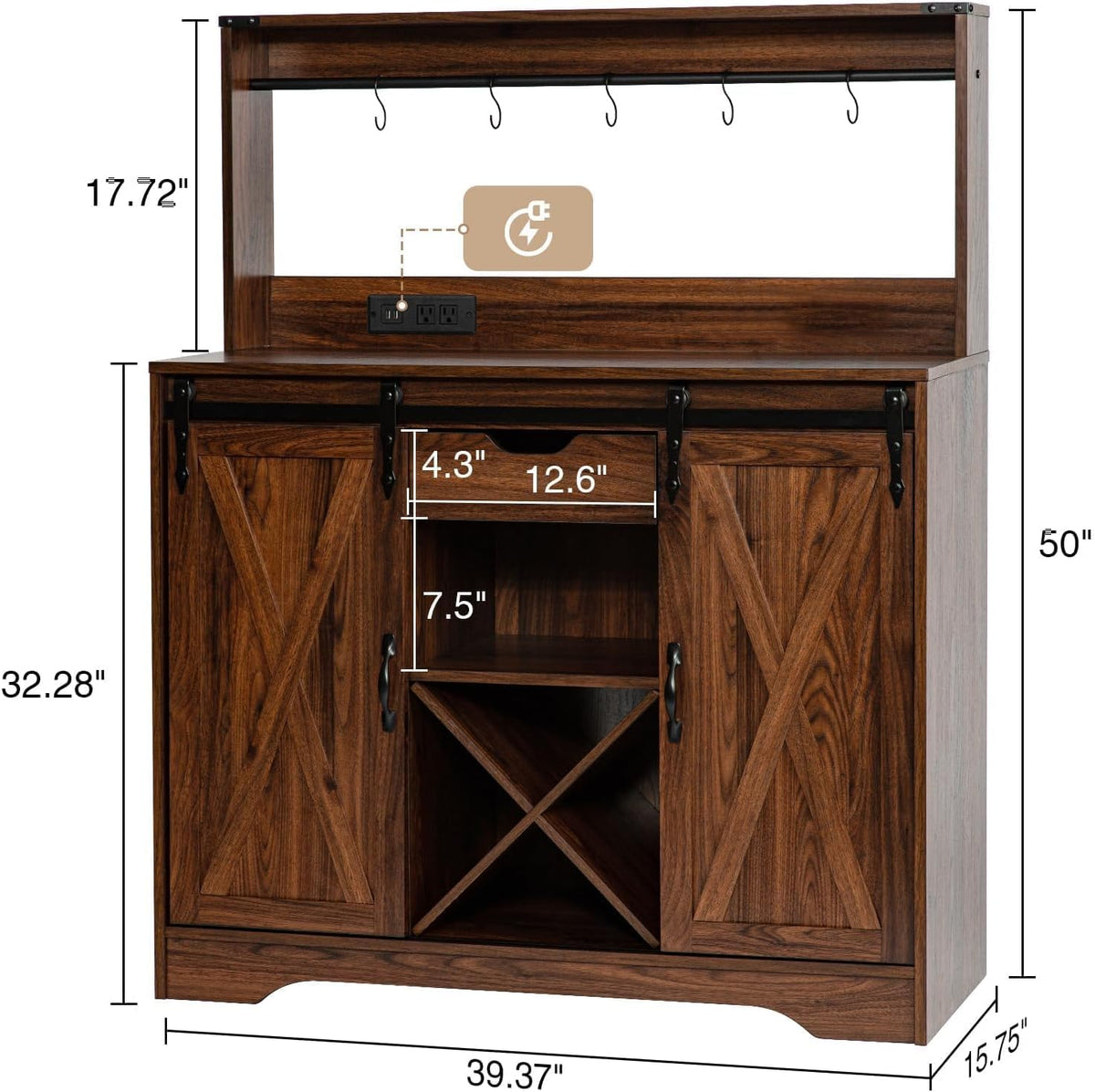 Wnutrees Farmhouse Coffee Bar Cabinet with Charging Station and USB Ports, Sliding Barn Door, 39" Kitchen Hutch Sideboard Buffet Storage Cabinet, Fits Kitchen Dining Living Room, Brown