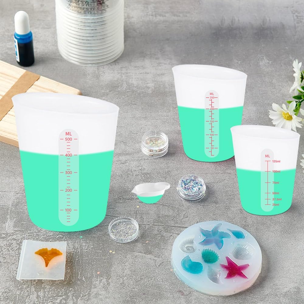 6 PCS Silicone Cup Set, 500ml, 250ml and 125ml for Epoxy Silicone Measuring Cups, Non-Stick Mixing Cups, Casting Molds, Jewelry Making, Silicone Measuring Cups with Marking Ounces/ml
