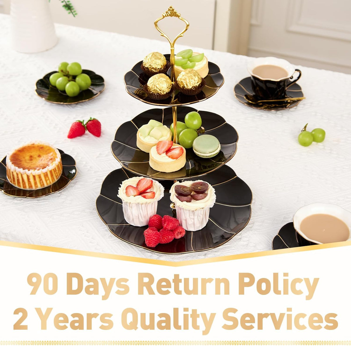 DUJUST Luxury Porcelain 3-Tier Cupcake Stand Tower, British Style Serving Tray with Golden Trim, Food Grade Dessert Display Stand, Beautiful Gift for Tea Party & Home Décor - Black