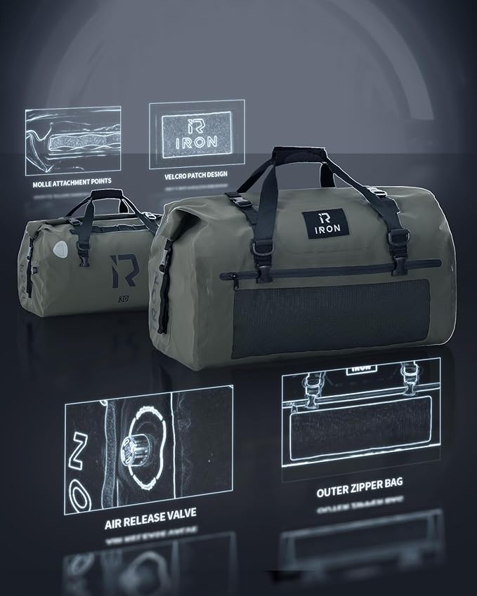 BORLENI Waterproof Motorcycle Dry Duffel Bag Luggage Tail Bag with Large Storage Space,Roll Top Closure, Shoulder Straps, Inner Pocket and Mesh Pocket for Motorcycling Travel Camping (Army Green,30L)