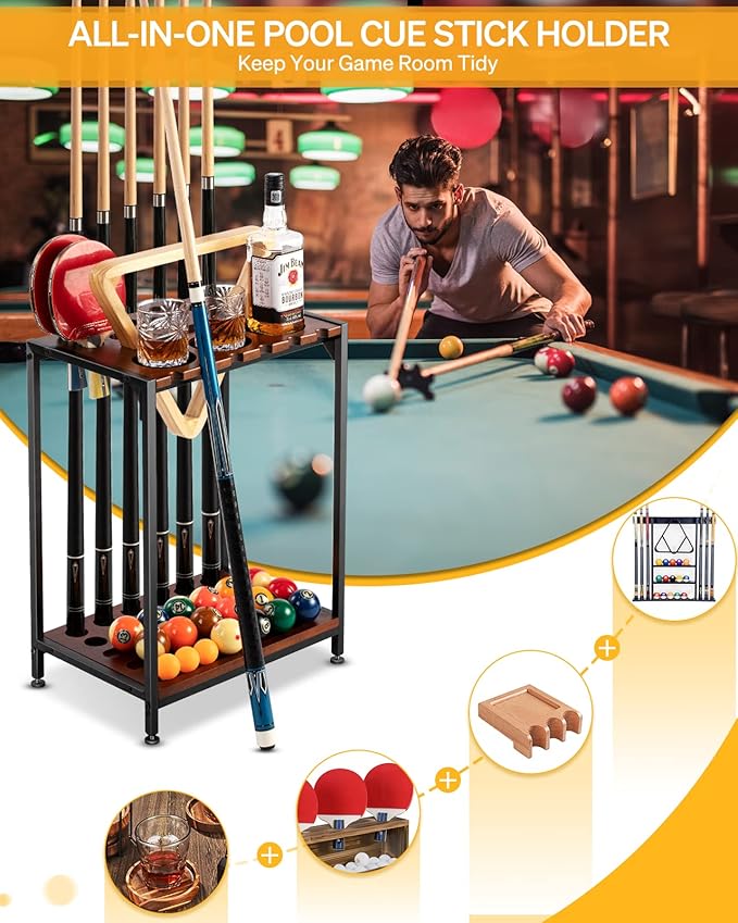 Billiards Pool Stick Holder - Pool Cue Rack Floor Stand & Ping Pong Paddle Holder Hardwood Pool Cue Holder for 12 Cues Sticks Pool Table Accessories Organizer (Brown)