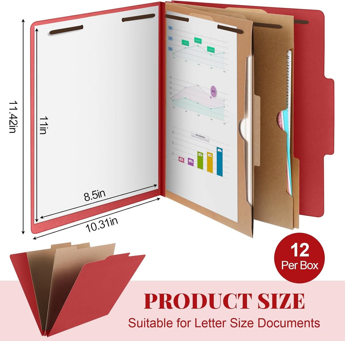12 Pcs Classification Folders Letter Size, Back to School Supply for Teacher, Student, 2 Pocket Dividers Pressboard File Folder Bulk with 2 Fasteners, 2 in Expanding File Organizer (Red)