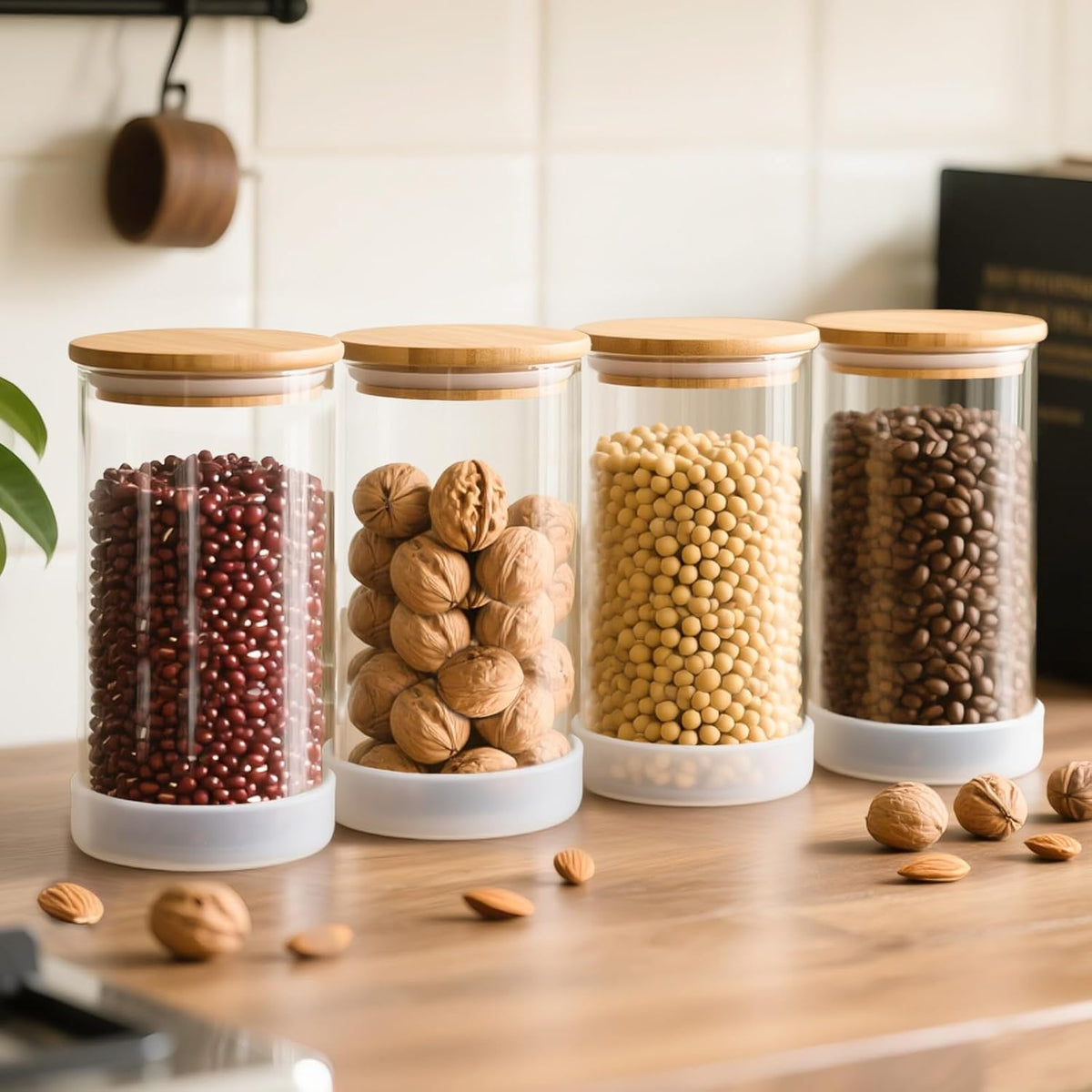 53oz Round Glass Storage Containers with Bamboo Lids – 4 Pack Large Airtight Glass Jars for Pantry Organization, Kitchen Dry Food, Flour, Cereal, Coffee Beans & Staples