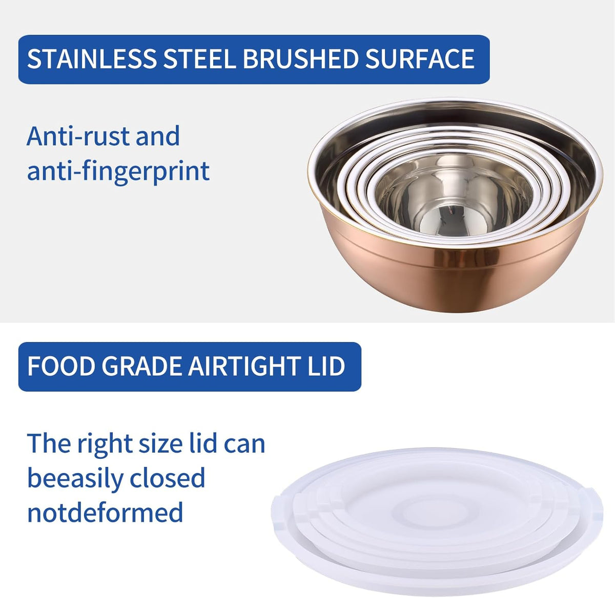 Rose Gold Mixing Bowls With Airtight Lids,Stainless Steel Bowl,Salad Bowls 5 Piece Colorful Nesting Bowl Rose Gold Kitchen Accessories,Size 5.5,3.6,2.7,2.1,1.5QT Stackable Design
