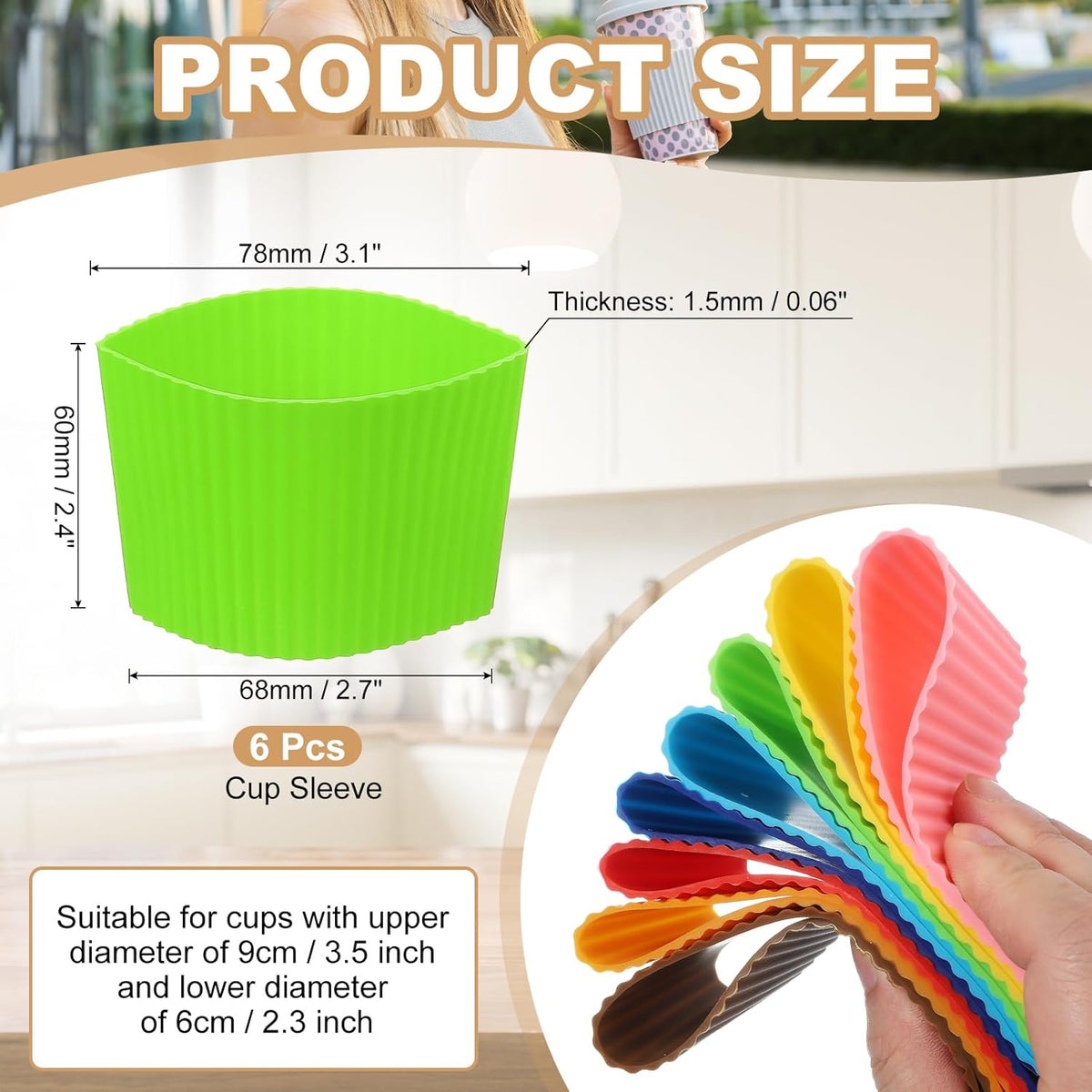 uxcell 6Pack Coffee Cup Sleeves, Reusable Silicone Heat Resistant Cup Protective Sleeve Nonslip Mug Protector Cover for Home Travel Coffee Mug Glasses Water Bottle Boots, Green