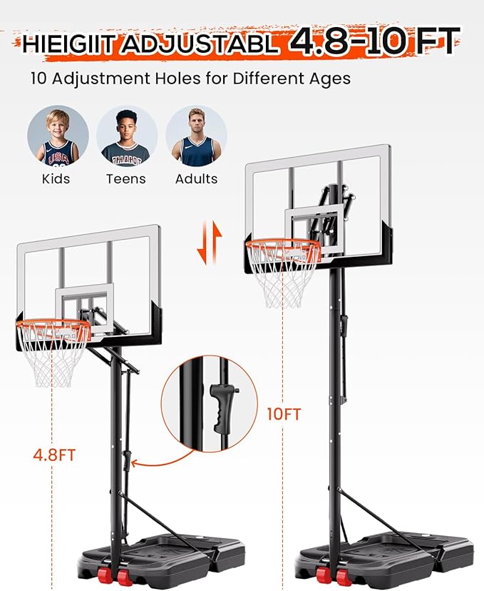 Basketball Hoop Outdoor with 45 Inch Shatterproof Backboard, Portable Basketball Goal System 4.8-10ft Height Adjustable for Kids, Youth, Adults, Backyard/Driveway/Indoor