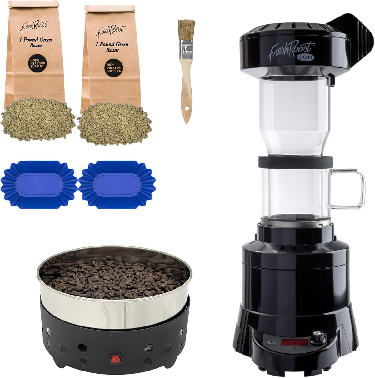 Fresh Roast Coffee Roaster Bundle SR540, Glass Extension Tube, Coffee Bean Cooler, (2 Lbs) 2 Sample Packs of Green Beans, (2- pack) Sample trays