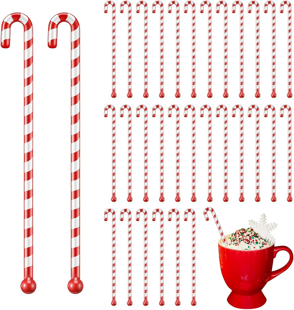 30 Pcs Christmas Drink Stirrers Xmas Stir Stick Holiday Coffee Swizzle Stick Reusable Plastic Hot Cocoa Bar Chocolate Decoration Cocktail Mixer(Candy Cane,Red and White)