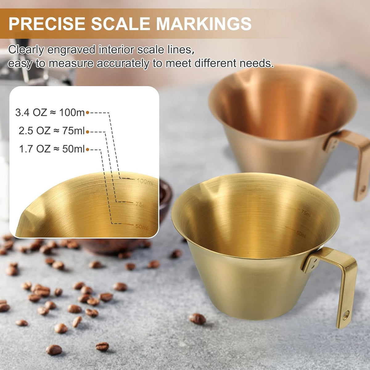 uxcell 1 Pcs Stainless Steel Espresso Cup with Handle, V-Shaped Mouth Espresso Measuring Cup with Scale for Preparing Coffee, Cocktails, 3.4OZ/100ML (Iridescent)