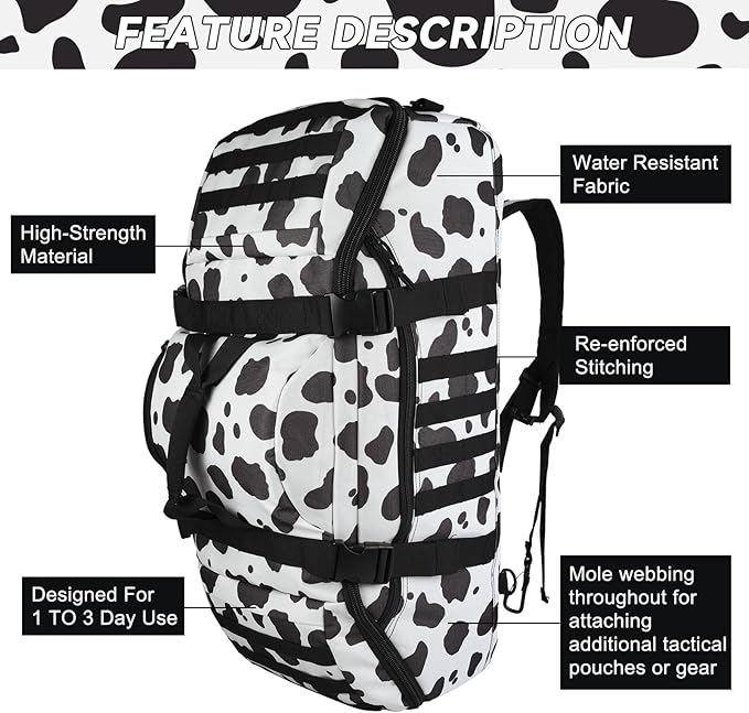 65L Large Duffle Bag, 3-in-1 Tactical Backpack MOLLE Pack for Sports, Gym, Outdoor, Cow Color