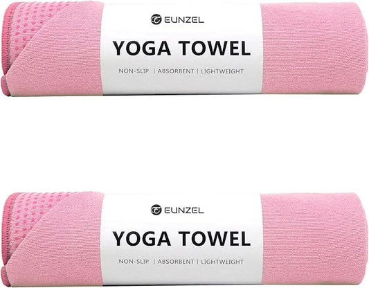 Eunzel 2 Pack Hot Yoga Towel with Grip Dot, Non Slip Yoga Mat Towe Sweat Absorbent Towel for Hot Yoga,Bikram, Pilates and Fitness 72" x 24", Pink