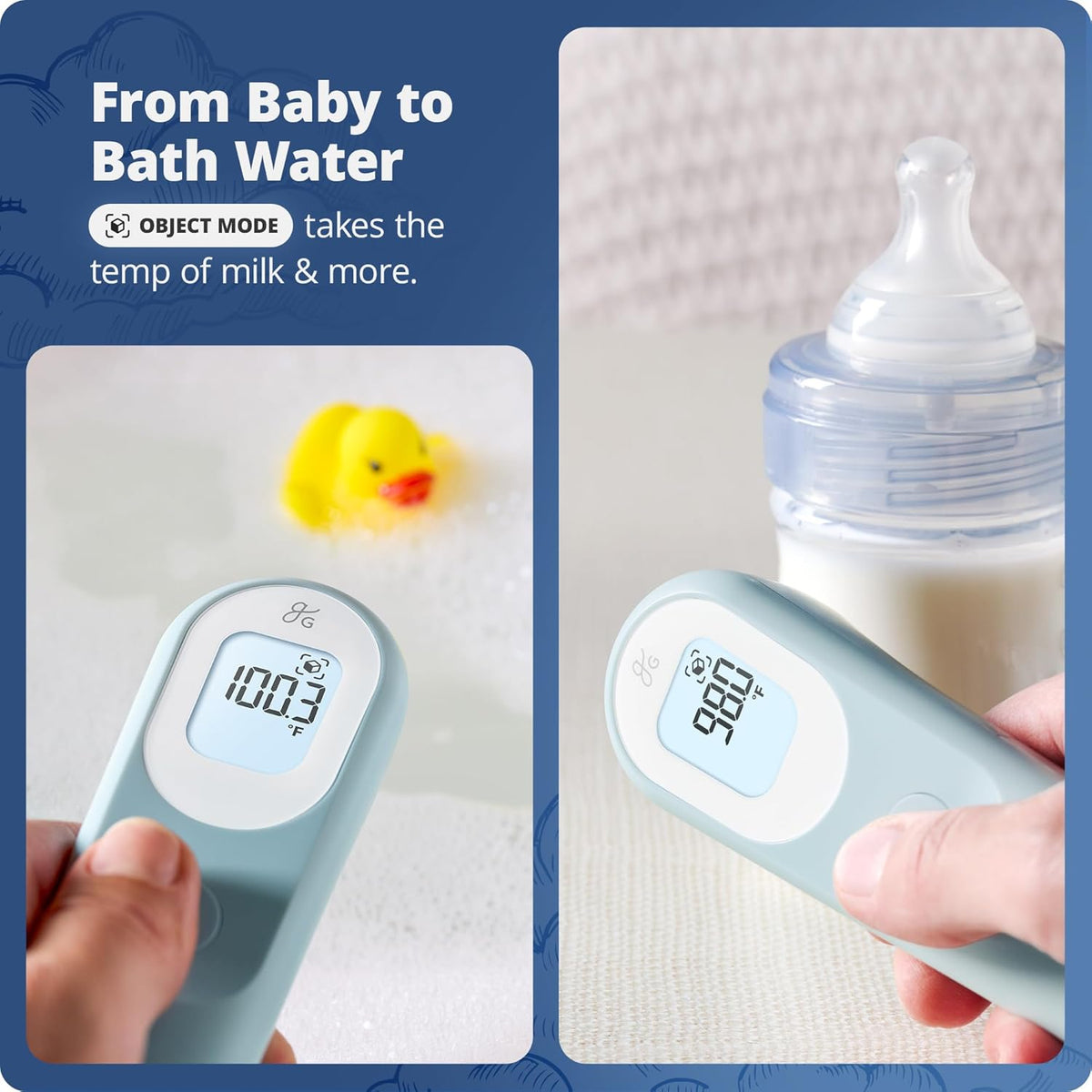 Greater Goods No-Touch Infrared Digital Thermometer for Adults, Kids, and Babies, Forehead Thermometer with Ergonomic Grip, Fever Alarm, Powder Blue