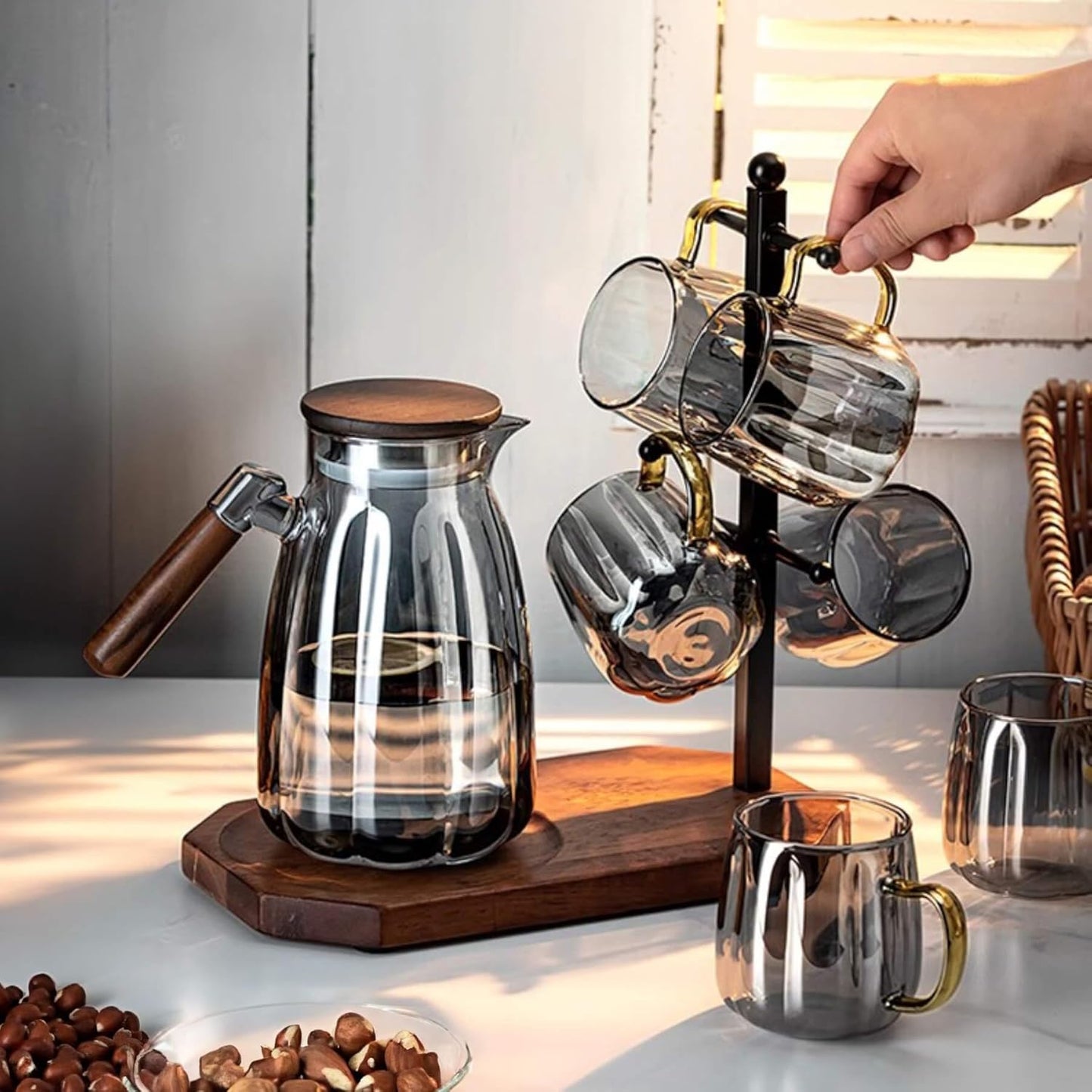 Mug Tree for Large Mugs With 6 Hooks and Coffee Pot Tray - Multi-Function Stand for Counter, Bar Accessory & Kitchen Organizer