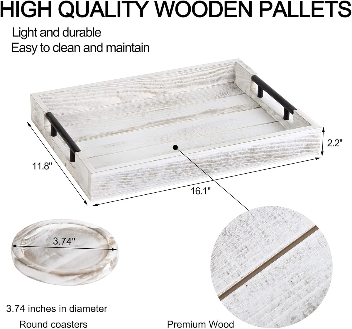 Wooden Serving Ottoman Tray With 4 Coasters, Breakfast Tray With Handles, Home Decor for Living Room, Coffee Table