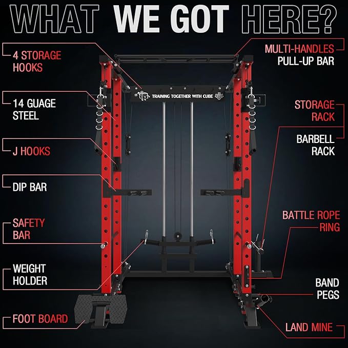 Mikolo Power Cage, 1500lbs Power Rack with LAT PullDown and Cable Crossover System, Squat Rack with Pulley System, Weight Cage for Home Gym with Training Attachments