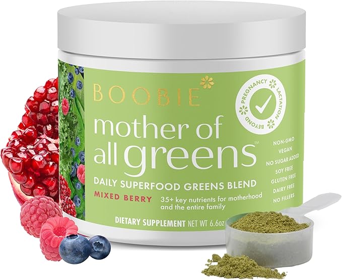 Boobie Mother of All Greens | Your New Family Ritual, Daily Super Greens Powder with 35+ Essential Nutrients for Moms & Families | Vegan, Gluten Free, & Sugar Free | Mixed Berry Flavor, 30 svgs