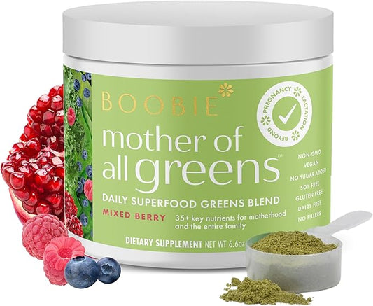 Boobie Mother of All Greens | Your New Family Ritual, Daily Super Greens Powder with 35+ Essential Nutrients for Moms & Families | Vegan, Gluten Free, & Sugar Free | Mixed Berry Flavor, 30 svgs