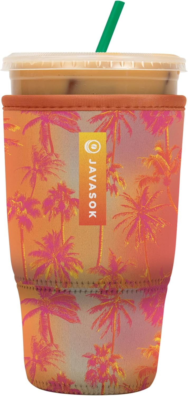 Sok It JavaSok Iced Coffee & Cold Soda Insulated Neoprene Cup Sleeve (Sunset Palm, Large: 30-32oz)