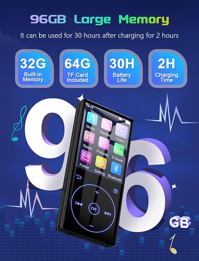 96GB MP3 Player with Bluetooth 5.0: Portable Lossless Sound Music Player with HD Speaker,2.4" Screen Voice Recorder,FM Radio,Touch Buttons,Support up to 64GB for Sport(Earphones&64GB TF Card Included)
