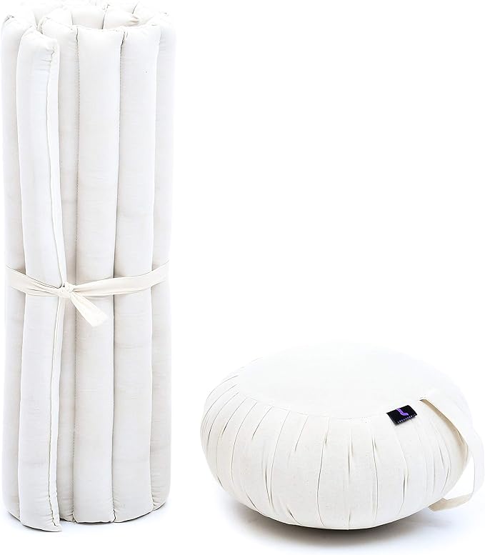 Leewadee Meditation Cushion Set – 1 Round Zafu Meditation Pillow and 1 Square Roll-Up Zabuton Meditation Mat, Pillows Bundle Filled with Kapok