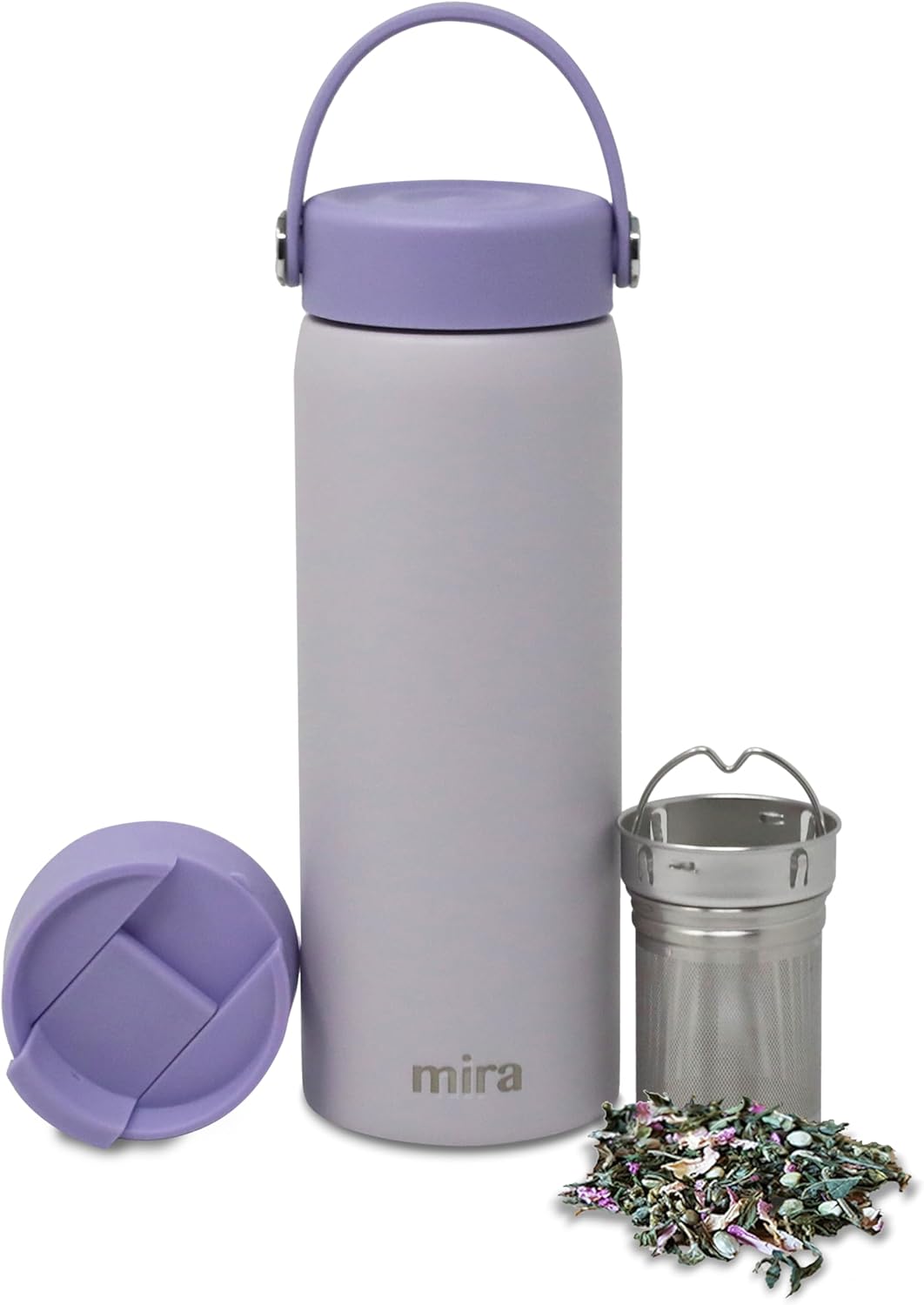 MIRA 18 oz Tea Infuser Thermos - Stainless Steel Travel Bottle with Removable Strainer for Loose Leaf Tea - Insulated Hot & Cold Brew Steeper - Heather