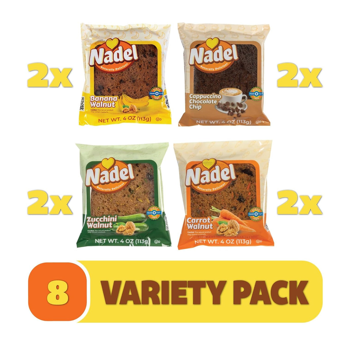 Nadel - Naturally Delicious Sweet Breads Variety Pack (Banana Walnut, Cappuccino Chocolate Chip, Carrot Walnut, Zucchini Walnut). (8 Pack, 2 Breads Per Flavor)