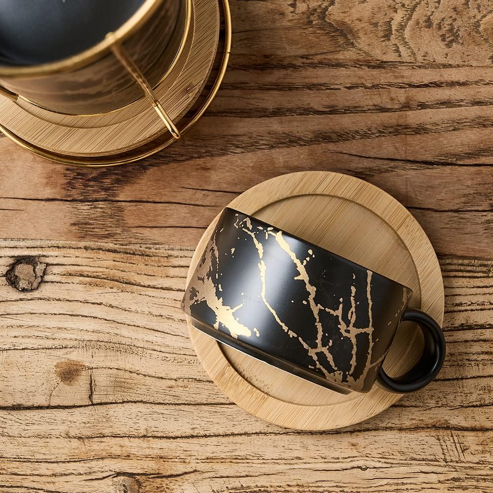 LUKA Porcelain Espresso Cup with Metal Stand, 6 Ounce Stackable Ceramic Demitasse Espresso Mugs Cappuccino Cups Set for Latte,Coffee,Cafe Mocha,Tea(Set of 4,Black)
