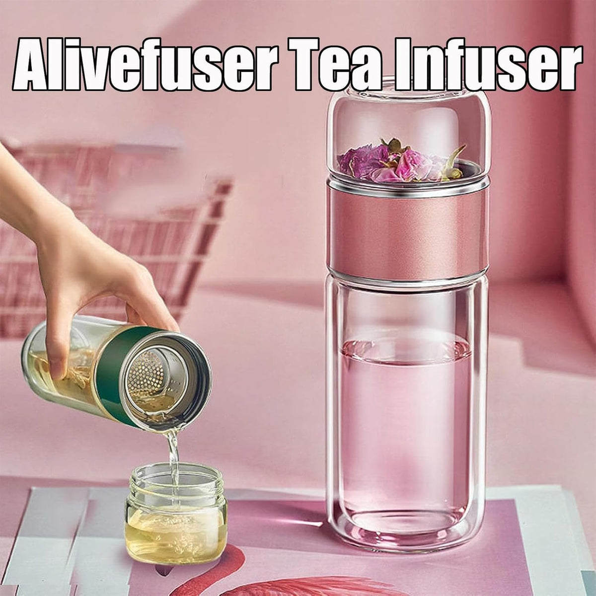 Tryteava Glass Infuser, Tryteava 3-in-1 Smart Tea Infuser, Portable Glass Double Wall Tea Infusers Bottle, with Stainless Steel Filter, Hot & Cold Brew, For Loose Leaf, Office Home (Pink, 350ml)