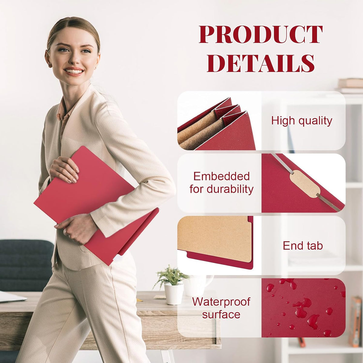 24 Pcs Classification Folders Letter Size, Back to School Supply for Teacher, Student, 2 Dividers Pressboard File Folder Bulk with Fasteners, 3.5 Inch Expanding File Organizer(Dark Red)