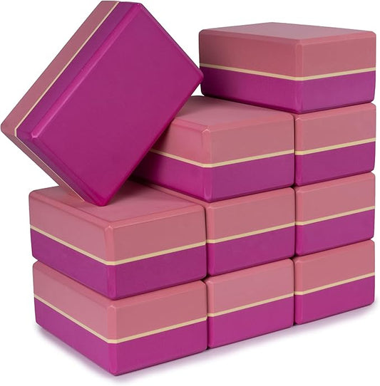 Sunshine Yoga 4" Striped Yoga Block, 10 Pack Bulk EVA Foam Yoga Blocks, Firm and Supportive Yoga Brick, Balance Foam for Stretching, Pilates, and Workout, 4" x 6" x 9"