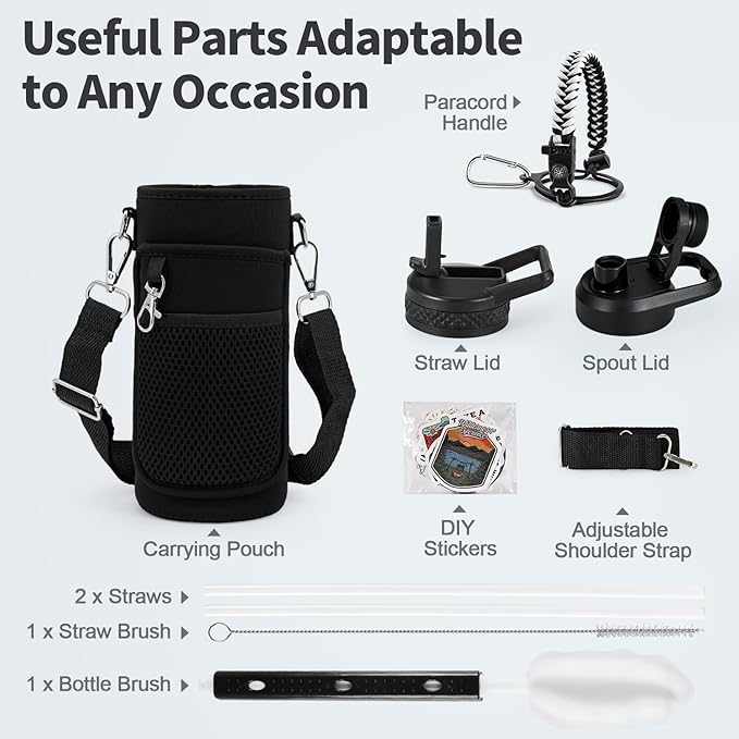 32 oz Insulated Water Bottle with Straw (Cold for 48 Hrs), Stainless Steel Triple Wall Vacuum Sports Water Jug, Leakproof Hydro Cup Flask with Paracord Handle & Straw Spout Lids & DIY Stickers