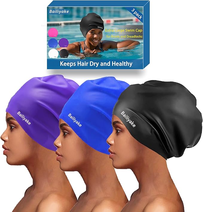 3 Pack Extra Large Swim Cap for Braids & Dreadlocks - Waterproof Silicone Swim Hat for Women with Long Thick Hair, Protective Swim Cap Cover Ears for Swimming, Shower, Bathing
