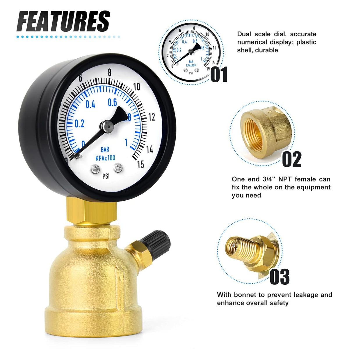 MEANLIN MEASURE 0-15Psi Forged Brass Air Test Pressure gauges, 3/4" FNPT Connection, 2" Double Graduated, Bell Shape Body Assembly, -3-2-3% Accuracy
