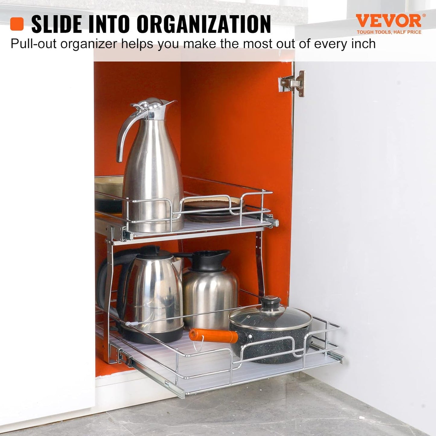 VEVOR Pull Out Cabinet Organizer, 17"Wx21"D 2 Tier Heavy Duty Slide Out Pantry Shelves, Chrome-Plated Steel Roll Out Drawers, Sliding Drawer Storage, 18.5"Wx22"D Install Size for Cabinet