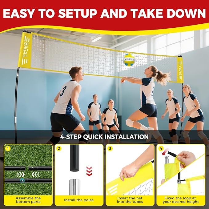 BAGAIL Volleyball Net, 12ft/20ft Portable Volleyball Net for Backyard - Adjustable Height, Heavy-Duty Frame, Freestanding Design - Portable Outdoor/Indoor Volleyball Set with Carry Bag