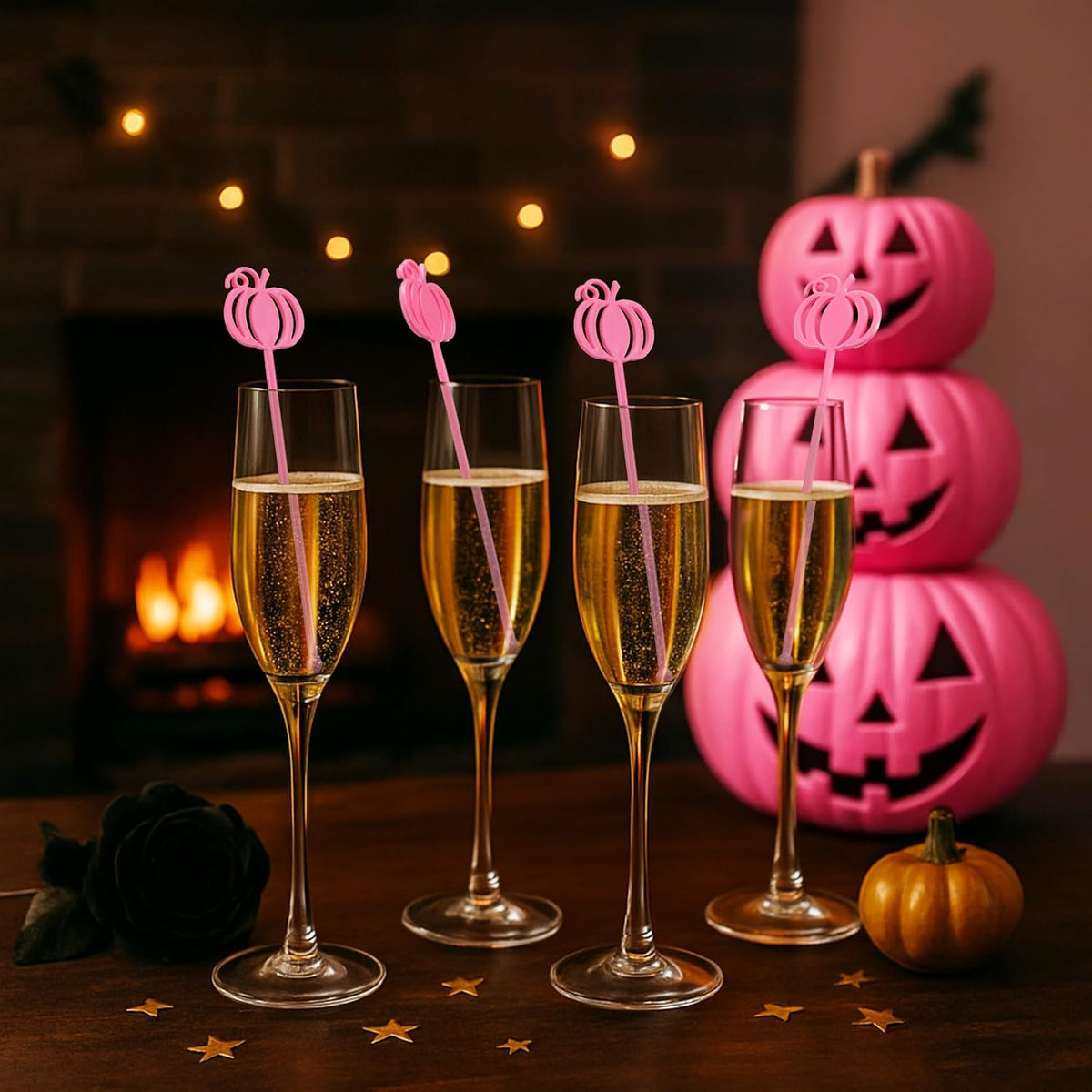 30 Pcs Halloween Swizzle Sticks Plastic Coffee and Cocktail Stirrers Fall Thanksgiving Drink Stirrers Cocktail Mixers for Halloween Fall Autumn Party Tea Coffee Bar Decoration(Pink Pumpkin)