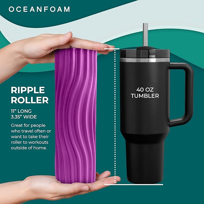 Oceanfoam Ripple Travel Foam Roller (11" x 3.35") Firm Mini Foam Roller for Physical Therapy, Deep Tissue Massage, Back Pain - High Density, Ergonomic Wave Textured - Yoga, Pilates, Exercise (Magenta)